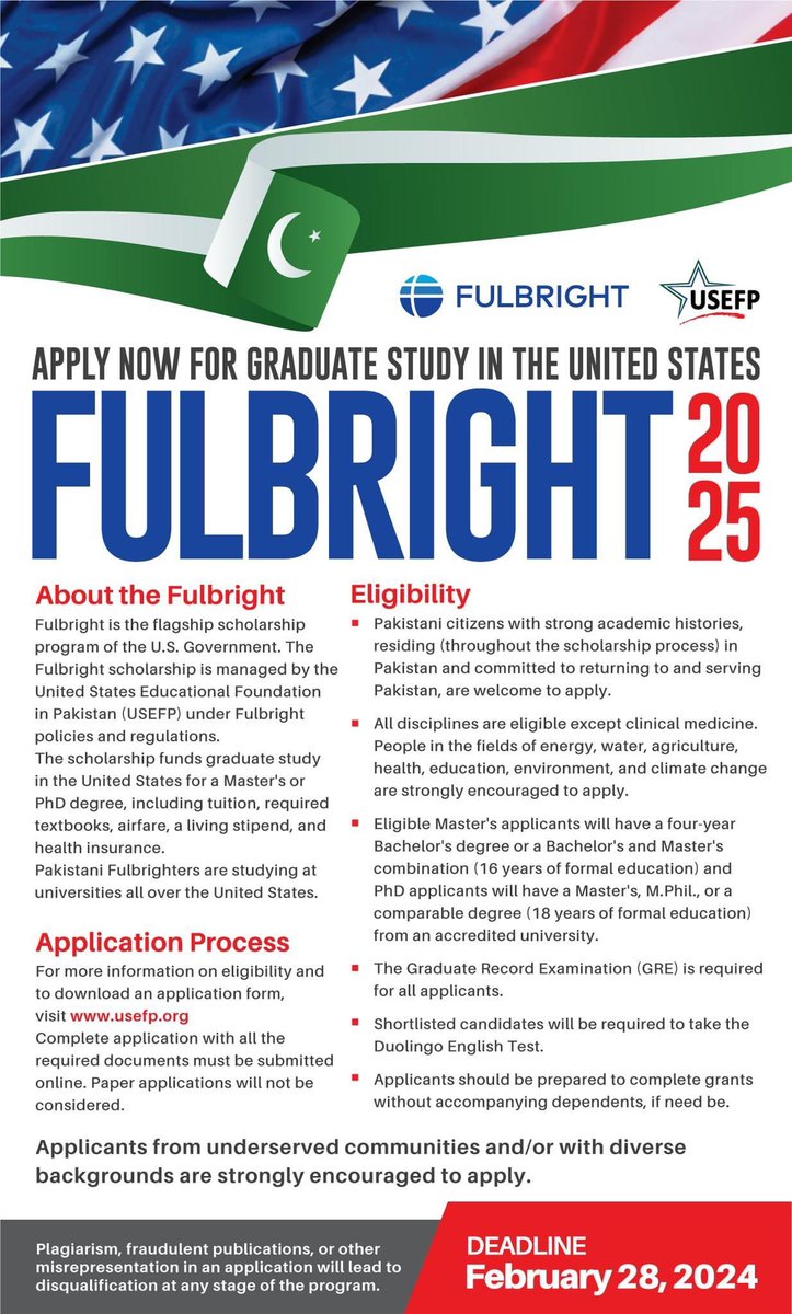 The 2025 Fulbright Student Program is now open for Pakistani Applicants!  

USEFP is accepting applications for the 2025 Fulbright Student (Master’s and PhD) Program, which fully funds graduate study in the United States. The scholarship is merit-based and covers tuition,…
