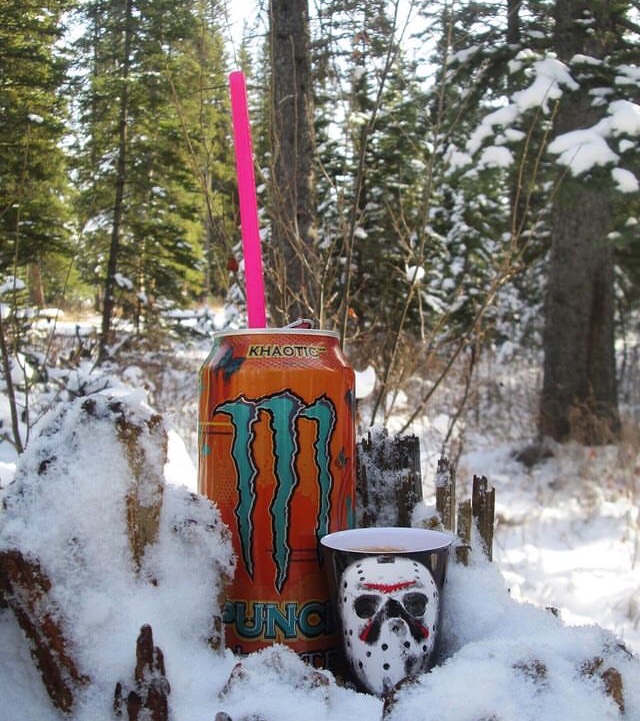 My primary camp-based Monster flavour choice with my Jason Voorhees shotglass. #yyc #calgary #fishcreekpark #orange #khaotic #monsterenergy #fridaythe13th #jasonvoorhees #shotglass #forest #snow