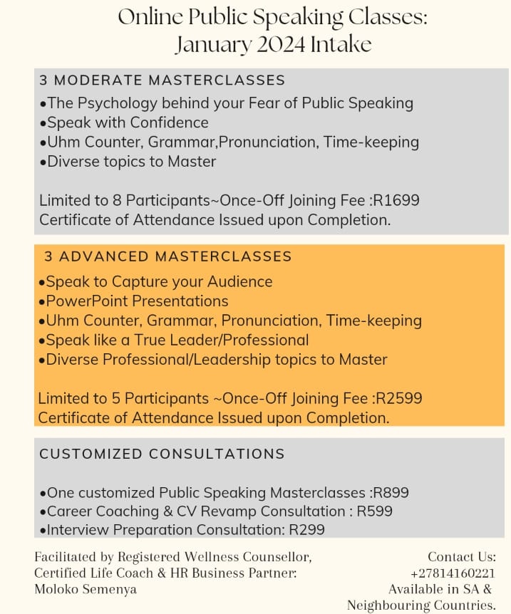 moloko_semenya's tweet image. Do you need help with Public Speaking and expressing yourself better?

Our goal is to help others Master Public Speaking and re-gain their Confidence.
Our January 2024 Intake is now open.
☎️081 416 0221 

#Mome #Minnie #Pearl #Nota #Lotto #Gayton