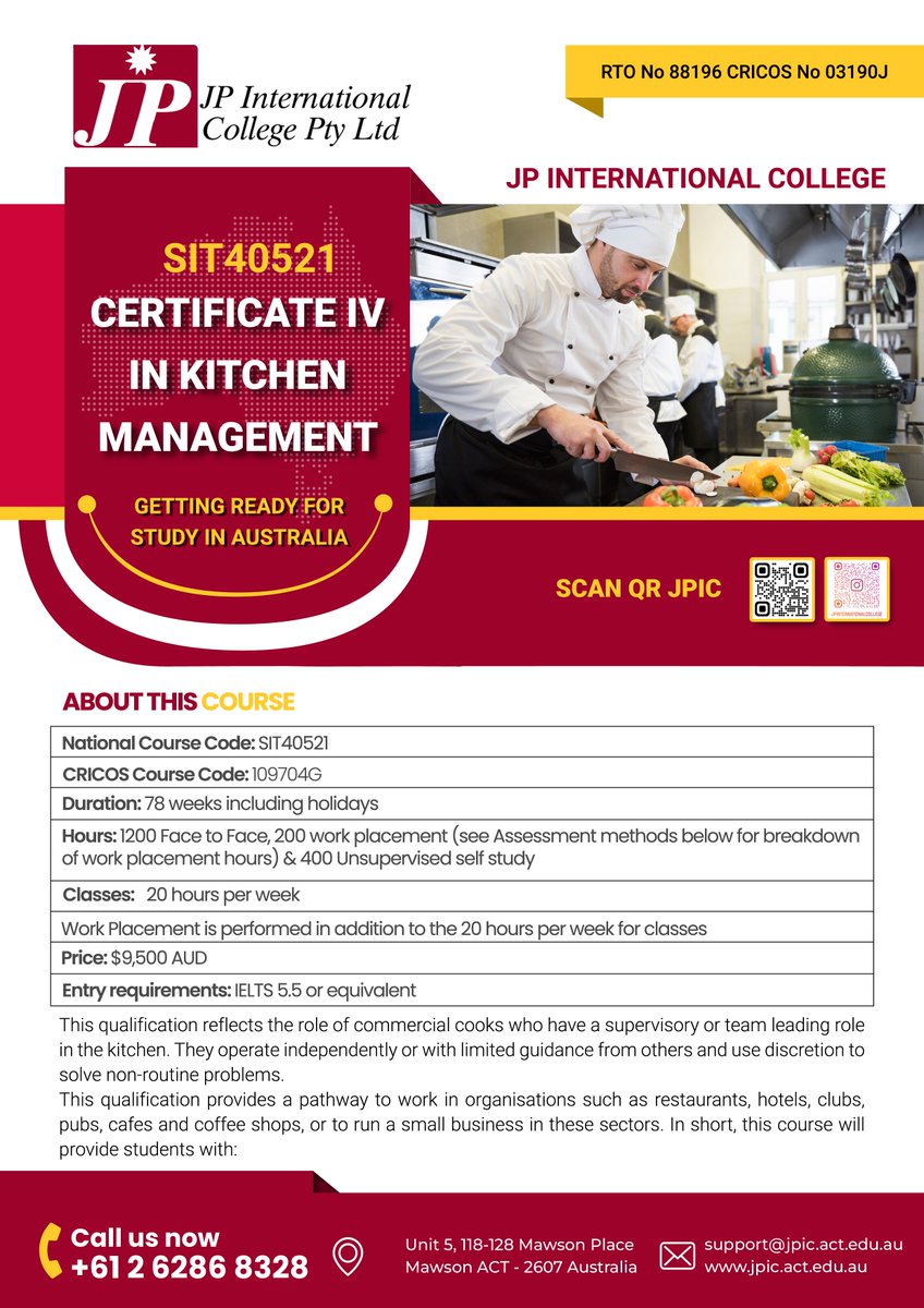 JP International College (@jpinternation15) on Twitter photo SIT40521 Certificate IV in Kitchen Management
For more information:
jpic.act.edu.au
marketing@jpic.act.edu.au
+61 262868328
#JPIC
#StudyInAustralia
#HospitalityEducation
#CanberraCollege SIT40521 Certificate IV in Kitchen Management
For more information:
jpic.act.edu.au
marketing@jpic.act.edu.au
+61 262868328
#JPIC
#StudyInAustralia
#HospitalityEducation
#CanberraCollege