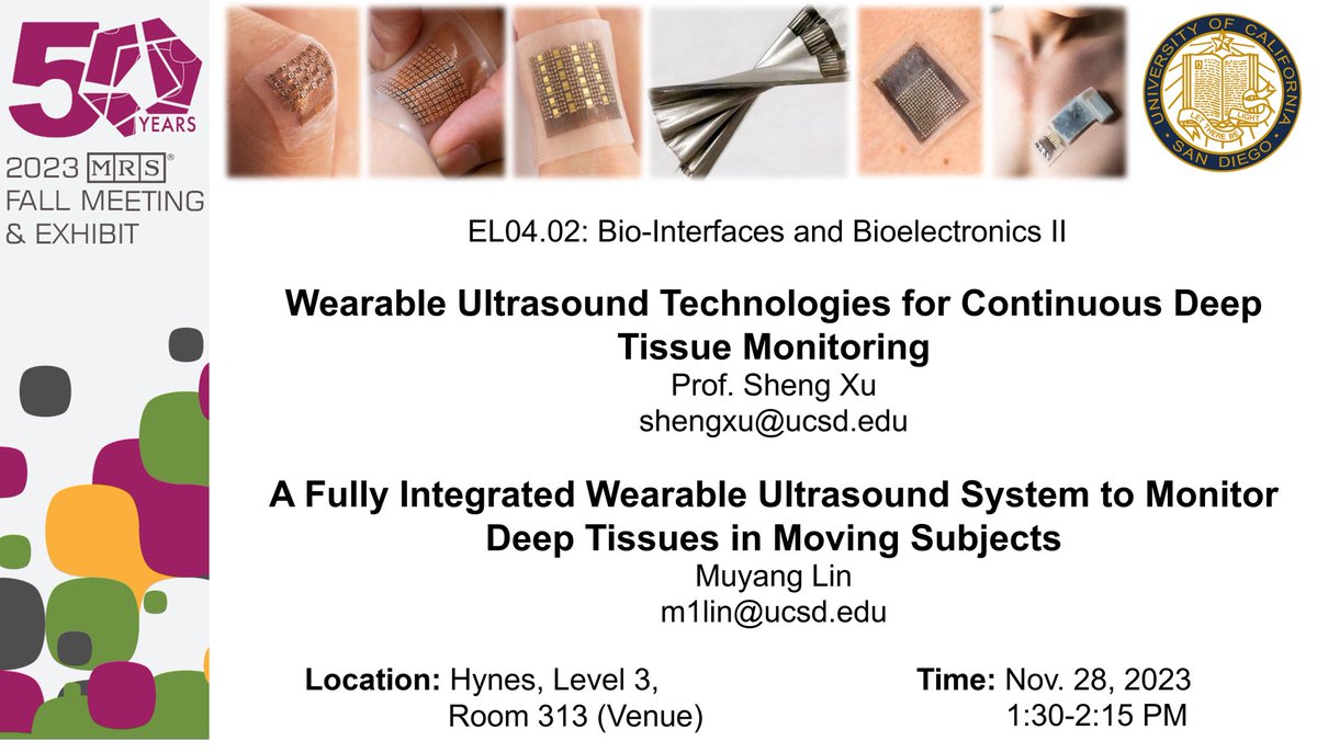 Muyang Lin (@muyanglin95) on Twitter photo Prof. Sheng Xu and I will be giving back-to-back presentations <a href="/Materials_MRS/">Materials Research Society (MRS)</a>.
Stop by Symposium EL04.02 on Nov. 28 to check the latest wearable ultrasond technologies <a href="/XugroupUCSD/">Sheng Xu group</a>! Prof. Sheng Xu and I will be giving back-to-back presentations <a href="/Materials_MRS/">Materials Research Society (MRS)</a>.
Stop by Symposium EL04.02 on Nov. 28 to check the latest wearable ultrasond technologies <a href="/XugroupUCSD/">Sheng Xu group</a>!