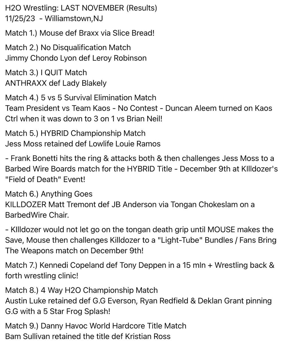 H2O Wrestling: LAST NOVEMBER (RESULTS) 11.25.23 - Williamstown,NJ All Champions RETAIN! Night of Violence! Matches made for #KillDozer DM Event on 12/9 + more!