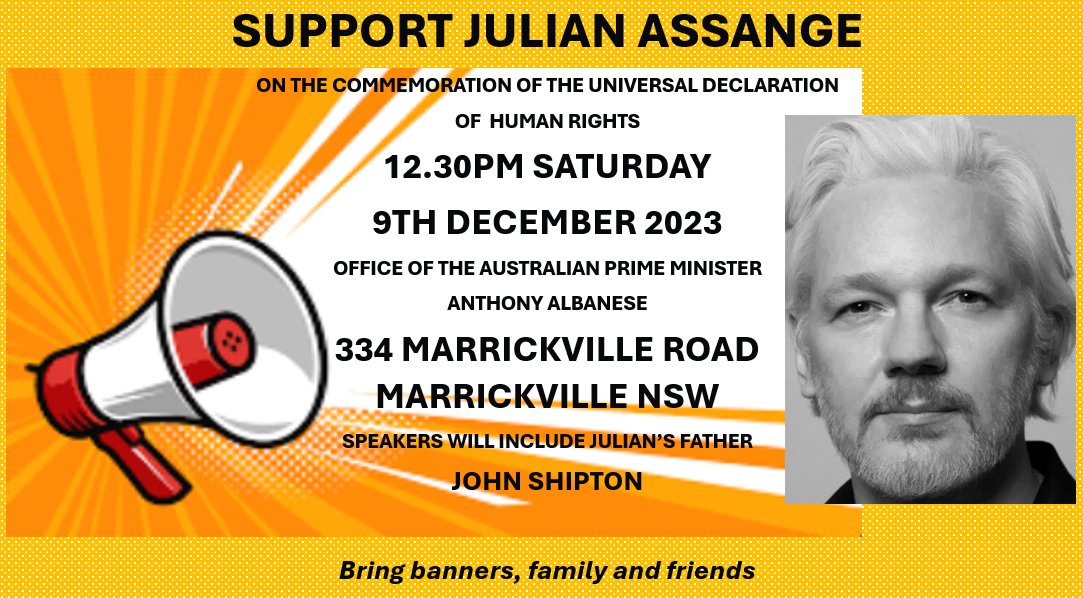 Candles4Assange's tweet photo. 🇦🇺SYDNEY

🔥SAT 9 DEC 2023
334 Marrickville rd.

via @AssangeSydney 

THREAD for December events worldwide below👇 tag me or #FreeAssangeForXmas  🔥 #TruthNotWar to add your event to the list ❤️👊 https://t.co/Ny3VSh6uqC