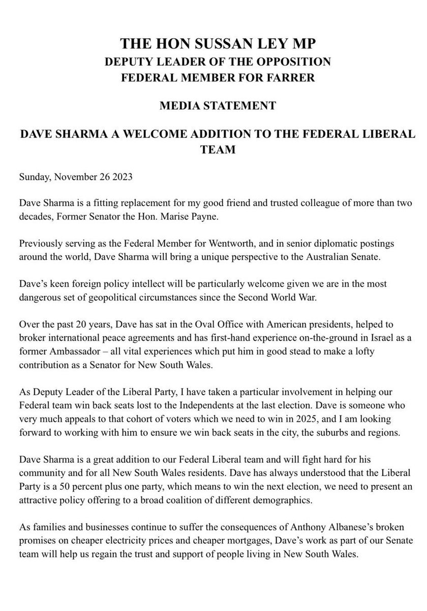 Deputy Opposition Leader .@sussanley reacts to the return of Dave Sharma