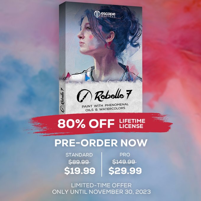 Rebelle 7 is now available for pre-order! 😉Take advantage of a limited-time 80% discount available until November 30.
Pre-order here: escapemotions.com/products/rebel…

#rebelle7 #madewithrebelle #paintingsoftware #drawingsoftware #newversion #preorder