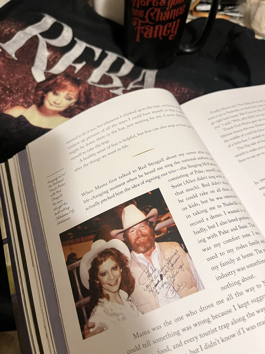Thank you <a href="/reba/">Reba McEntire</a> for the amazing read thus far of #NotThatFancy . Lovin’ the words and omg, the recipes. Enjoying it with the comfort of  my 3favorite T’s …wearing tee(yours), sippin’ it(Fancy mug), while you spill it😉 #BestDayOffEver