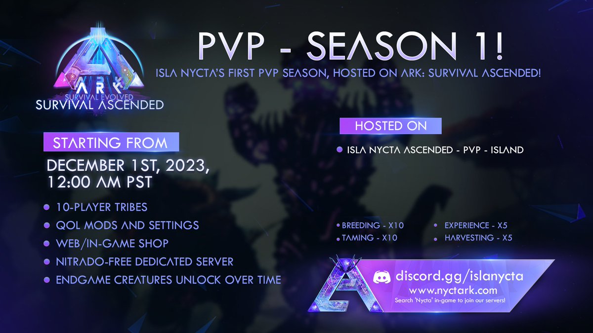 IslaNycta's tweet photo. Save the date! Isla Nycta's first ARK: Survival Ascended PVP server launches soon! 
#playARK https://t.co/iW1cvVQOXC