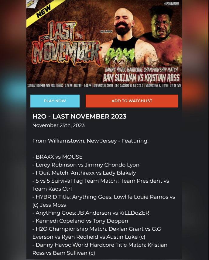 H2O Wrestling: LAST NOVEMBER (11/25/23) Available NOW! On Demand only on IWTV 📺 iwtv.live/promotion/h2o#…