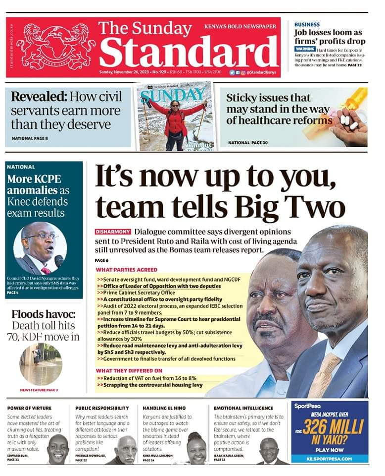 don_dallass's tweet photo. Newspaper Headlines Today
SUN 26 NOV 2023 

THE SUNDAY STANDARD 
-IT'S UP TO YOU, TEAM TELLS BIG TWO-

#DAILYNATION #dailynation #dailynationnewspaper #thestandard #thestar #newspaper #newspapers #NewspaperHeadlines #newspaperheadline #NewspaperHeadlines 

#HamasTerrorrists https://t.co/jAnIoSETTW