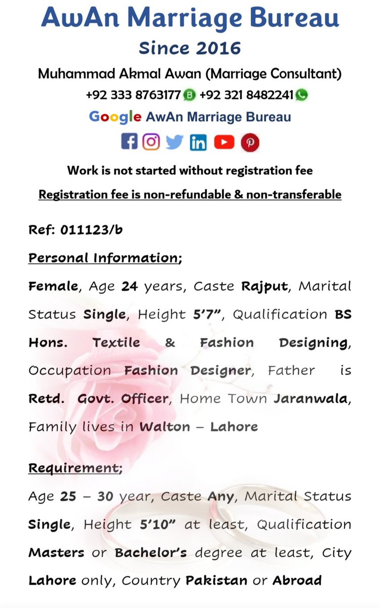 #Female #24Year #Rajput 
#Single #5feet7inch 
#Sunni #Muslim
#BS #Honours #Fashion #TextileDesigning 
#FashionDesigner 
#Walton
#Lahore #Jaranwala  #Pakistan
#AMB #Registered