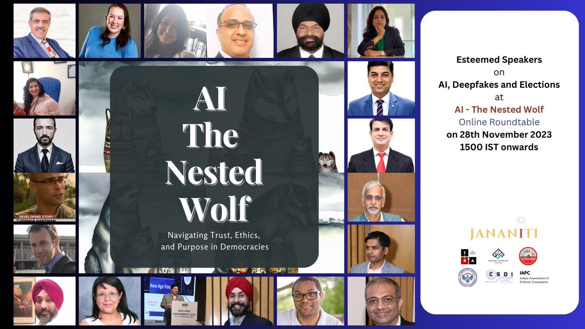 jananiti_'s tweet photo. Catch an eclectic panel on 28th Nov, Tuesday to debate the converge of #AI, #deepfakes and #democracy 
@amanbandvi @rajkapoor1964 @pamegup @MayaSherman17 @RupaSingh9 @CSDIGlobal @diptivilasa @abhijit_c https://t.co/19gzcHBcuI