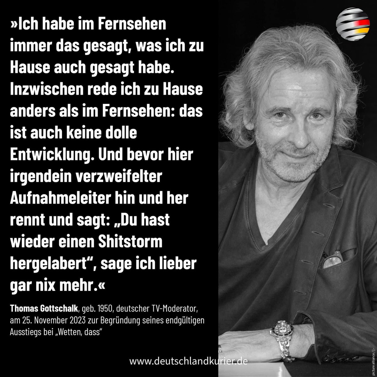 +++ #Gottschalk: „Das ist keine dolle Entwickung…“ 

Die letzten Worte von #ThomasGottschalk bei #Wettendass waren eine gelassene und zugleich klare, deutliche und treffende Abrechnung mit der moralinsauren #Sprachpolizei, der totalitären #CancelCulture und irren #Wokeness. Er…