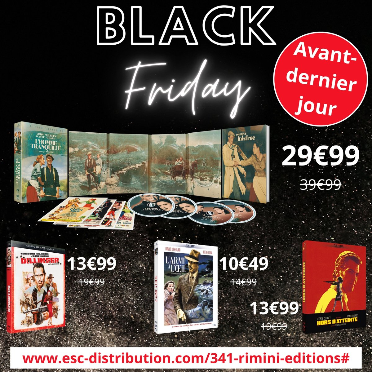 RiminiEditions's tweet photo. โ ๏ธ Avant-dernier jour pour profiter des offres BLACK FRIDAY sur une partie de notre catalogue distribuรฉ par #ESCDistribution
๐ https://t.co/JyoJqCwuKM
#blackfriday #blackfriday2023 #OffresBlackFriday #bluray #DVD #offresdvd #offresbluray https://t.co/09jR0SiY52