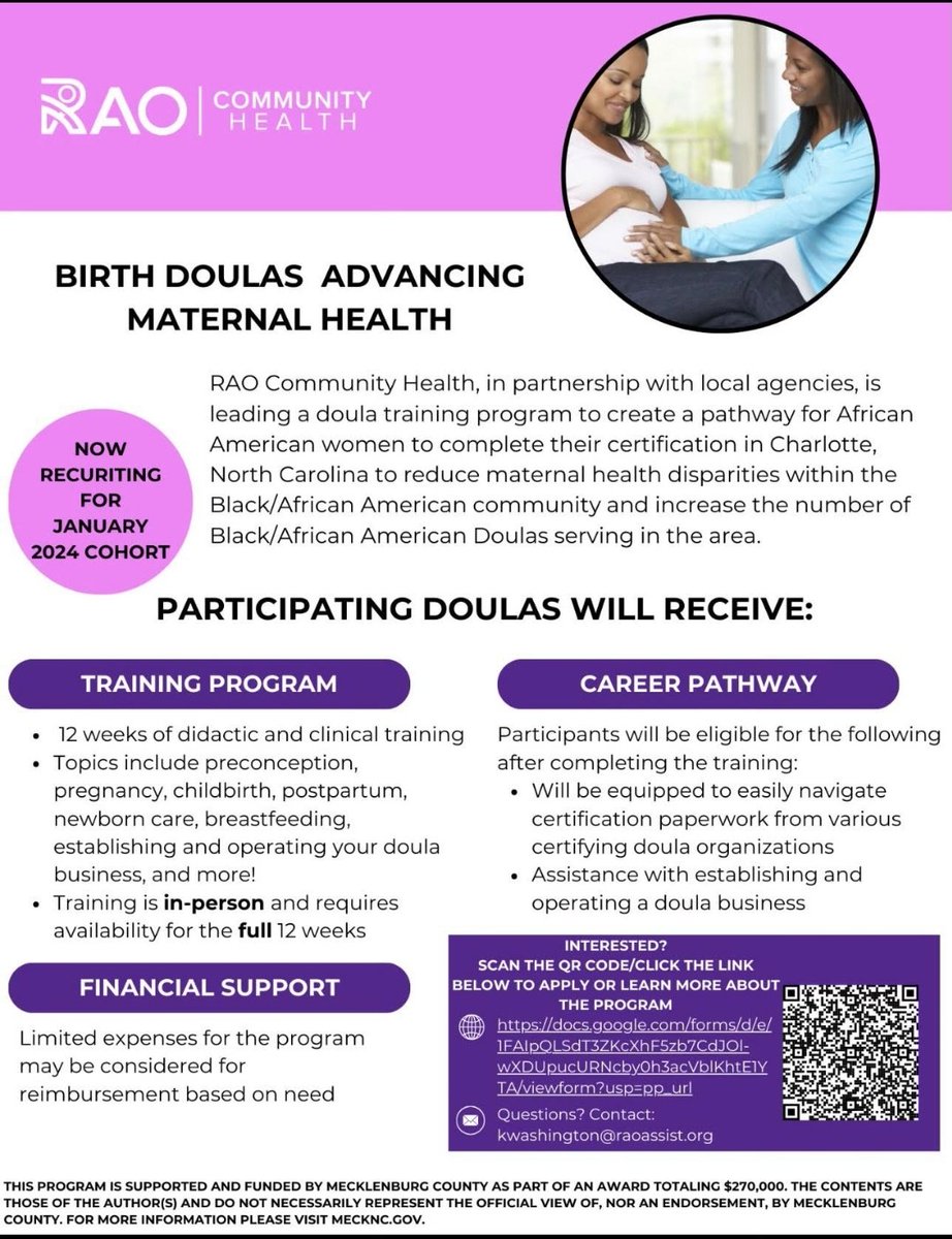 Apply Now! RAO Community Health kicking off a new cohort January 21 for their Doula Impact Program. The program will provide expansive training &amp; education to local doulas to improve maternal and child health outcomes in Mecklenburg Co. Deadline December 1st at 11:59PM EST