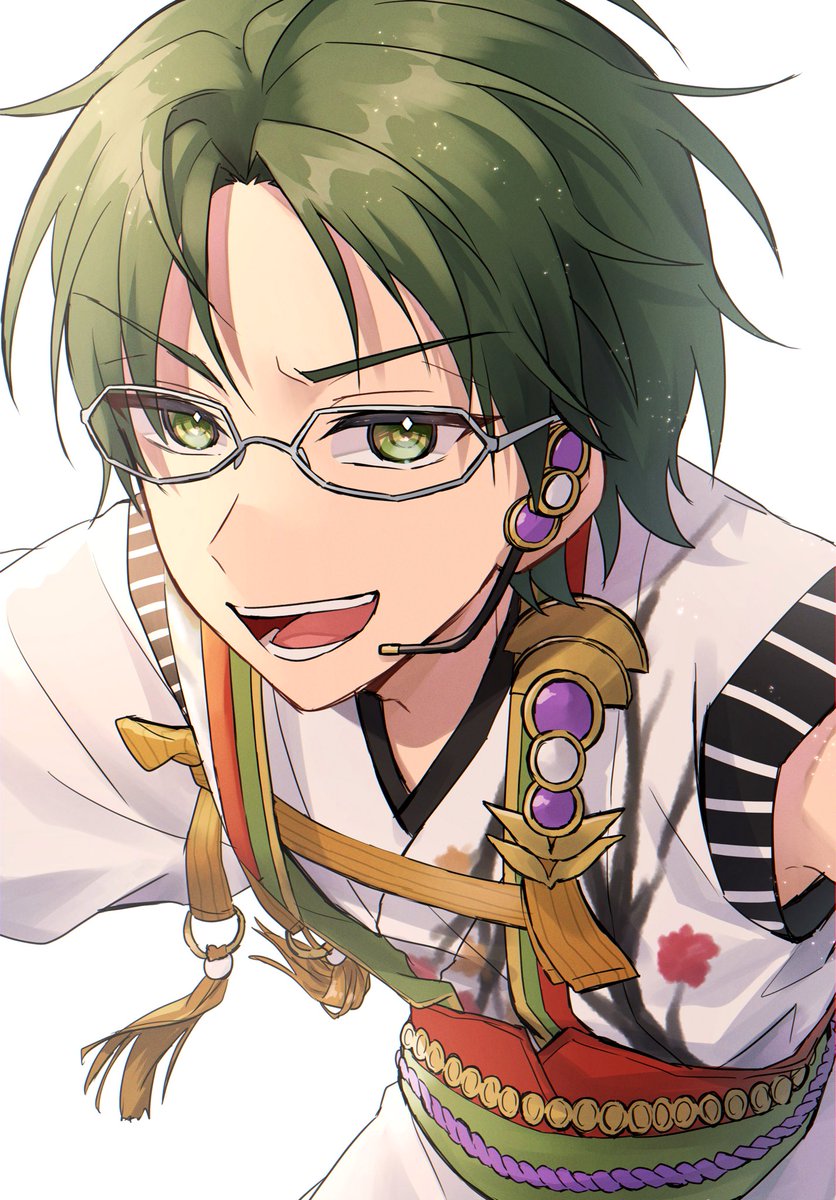 male focus 1boy green hair green eyes glasses solo headset  illustration images