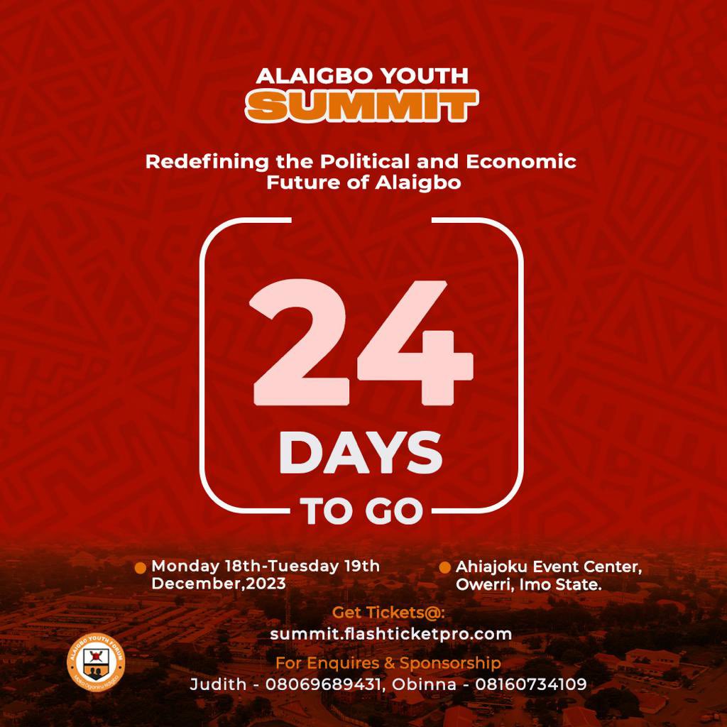 Countdown Alert! 🗓 24 days to the Alaigbo Youth Summit! 🌍 Excitement building, voices uniting. 🔊 Are you ready for the change?

GET YOUR TICKETS NOW, LINK IN BIO🎫‼️

#AlaigboYouthSummit #CountdownToChange
#AYFSummit2023 🙌