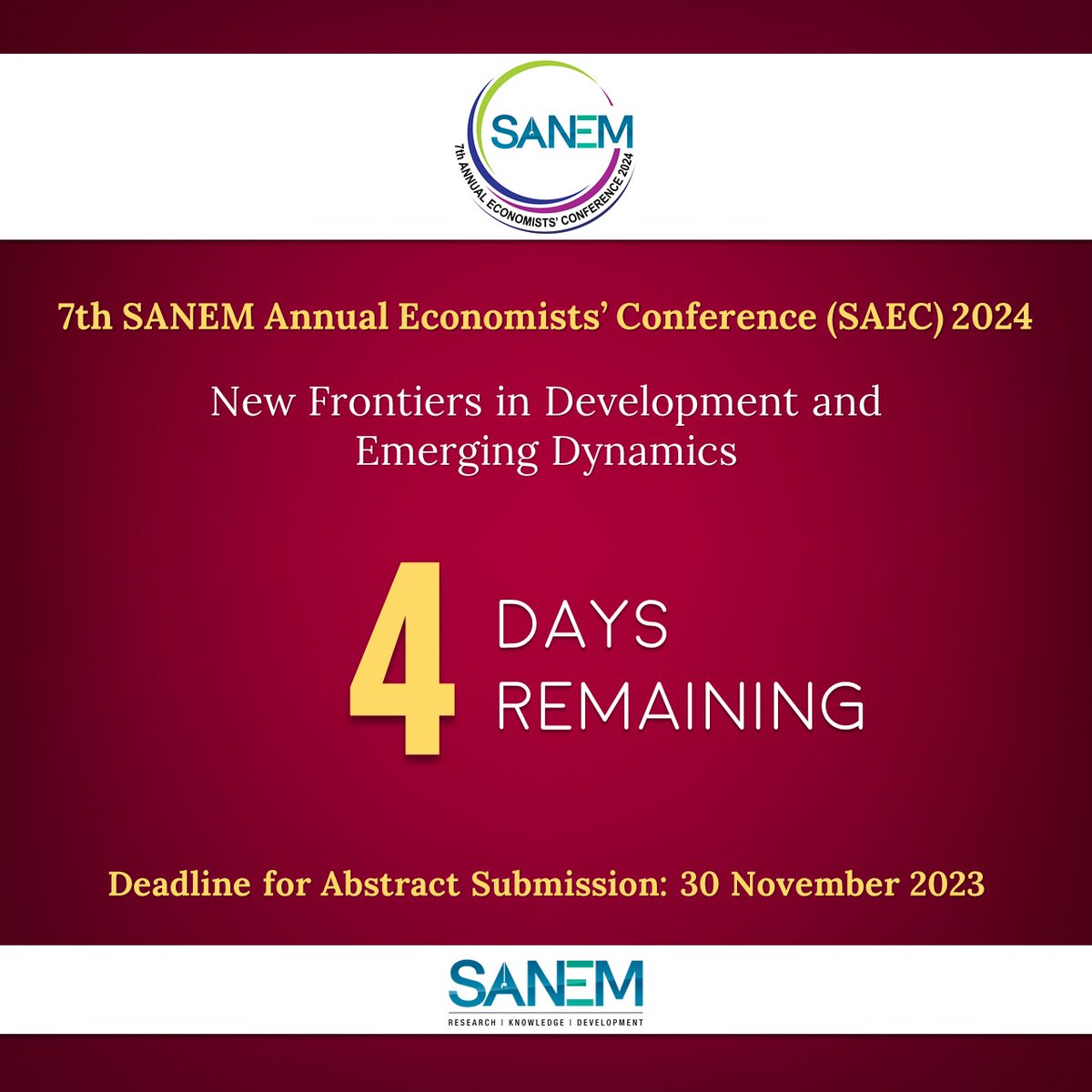 Extended abstracts with research objectives, methodology, and findings are due by Nov 30, 2023.
Send yours to sanem.conference@gmail.com.

For details on themes, guidelines, and conference info: sanemnet.org/7th-sanem-annu…

#SAEC2024 #CallForPapers #EconomicResearch #DeadlineAlert