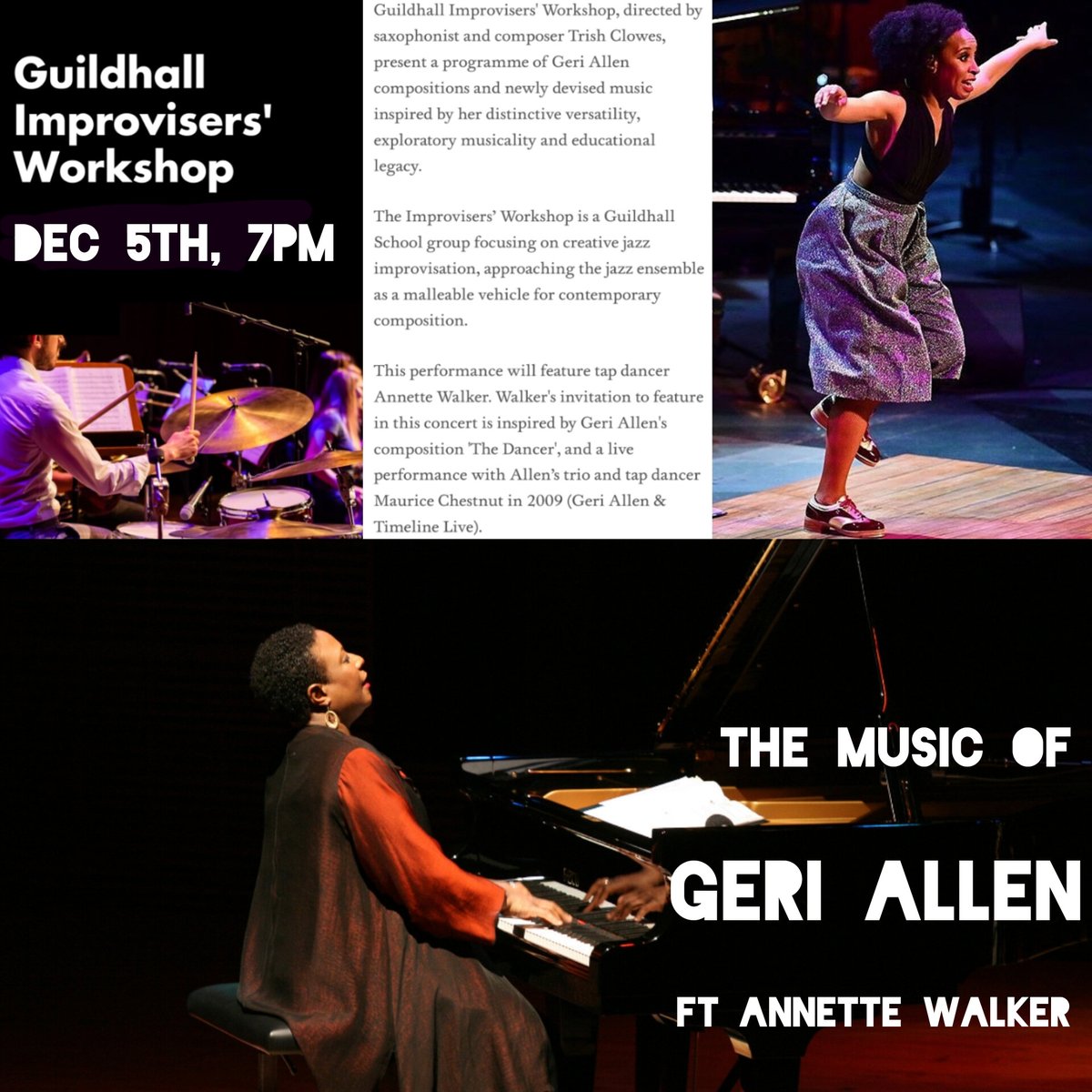 Trish Clowes (@trishclowes) on Twitter photo Coming up on Dec 5th <a href="/guildhallschool/">Guildhall School of Music & Drama</a> ... Improvisers' Workshop play the music of Geri Allen ft. <a href="/AnnetteWalkerUK/">Annette Walker</a> ... Playing Angels, Skin, A Celebration of All Life, Sleepin' Pretty & The Dancer Coming up on Dec 5th <a href="/guildhallschool/">Guildhall School of Music & Drama</a> ... Improvisers' Workshop play the music of Geri Allen ft. <a href="/AnnetteWalkerUK/">Annette Walker</a> ... Playing Angels, Skin, A Celebration of All Life, Sleepin' Pretty & The Dancer