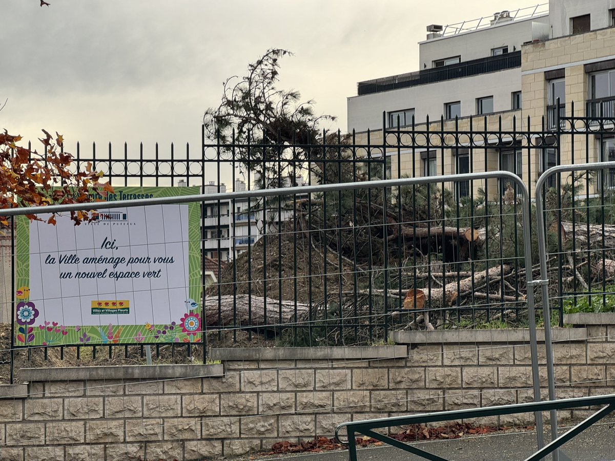 FPoezevara's tweet photo. Première étape de création d’un espace vert à #Puteaux : on coupe tous les arbres. Comme d’habitude. 
Mais on a le label 4 fleurs, donc tout va bien. https://t.co/HijAhxLjwW