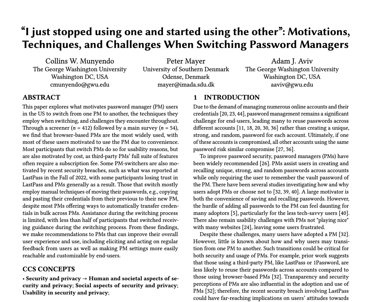 adamaviv's tweet photo. On my way to @acm_ccs! Quick thread on our paper to be presented on Wed. Nov. 29 in Session 9E, 1330-1430

“I just stopped using one and started using the other”: Motivations, Techniques, and Challenges When Switching Password Managers. w/@collinsmunyendo and Peter Mayer 

1/10 https://t.co/YXFp57l7SL