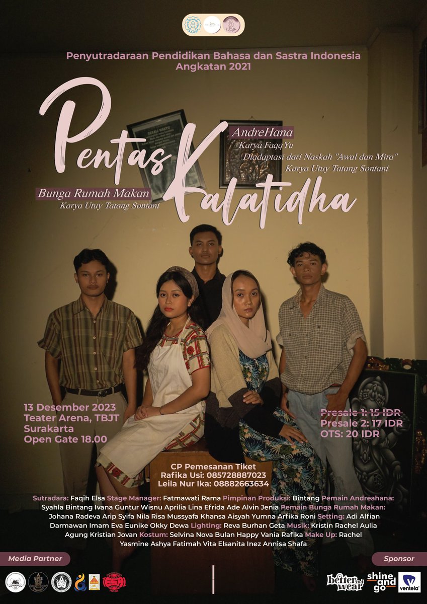 ✨Media Partner✨

[Pentas Penyutradaraan Bastind Angkatan 2021]

Catat tanggalnya dan saksikan kemegahannya🤩

📆: Rabu, 13 Desember 2023
⏰: 18.00–selesai 
📍: Teater Arena, TBJT

Segera amankan tiketnya🤩
Presale 1 : 15k (SOLD OUT)
Presale 2 : 17k
OTS : 20k

Cp:
Rafika &amp; Leila