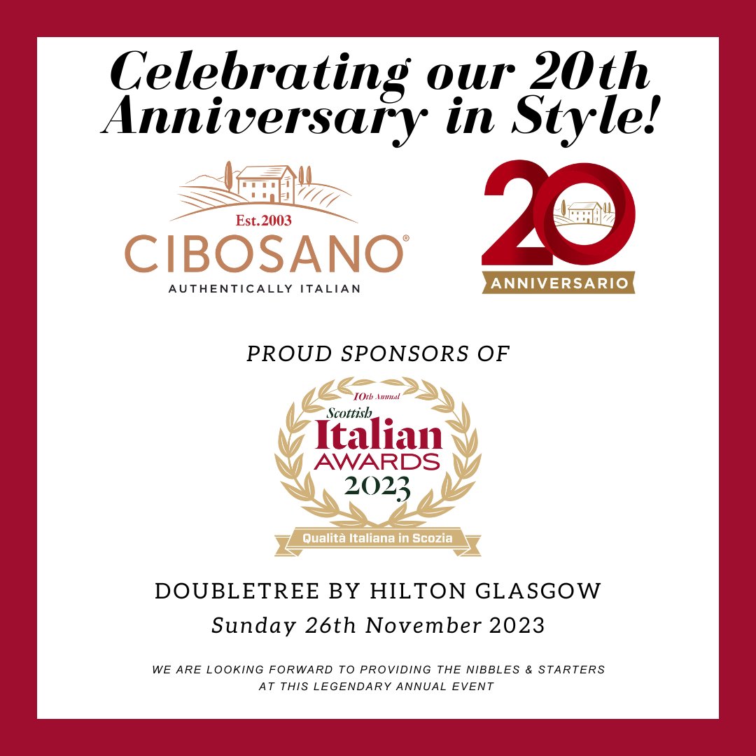 cibosanoltd's tweet photo. Today is the day! We are excited to attend The Scottish Italian Awards 2023 tonight in Glasgow! Cibosano will be celebrating our 20th Anniversary in style and are proud sponsors of this iconic annual event! #cibosano #scottishitalianawards2023 #glasgow #italianfood #ciboitaliano https://t.co/MjIgS2eXhg
