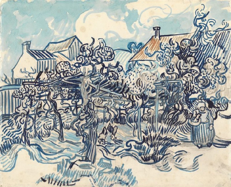 🐓 Vincent's final months were dedicated to painting. This vineyard drawing showcases his signature wavy lines. With pencil, oil paint, and watercolour, he created varying shades of blue. Faded red roofs and strategic white space complete the scene.