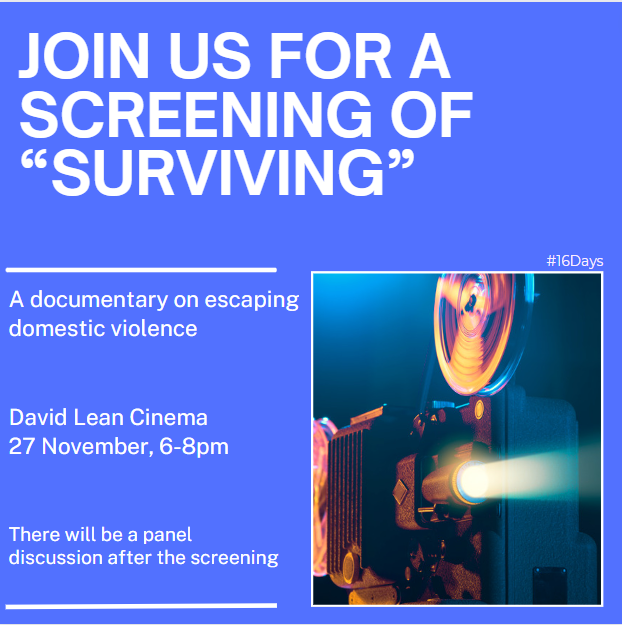 🎬 SURVIVING: A powerful cinematic escape from domestic abuse. 🌟 Join us on Mon 27th Nov, 6-8 pm at David Lean Cinema for an impactful screening. Engage with experts, enjoy spoken word performances, and light refreshments. Limited seats, book now:
ow.ly/FaHP50Qb4au
#16Days
