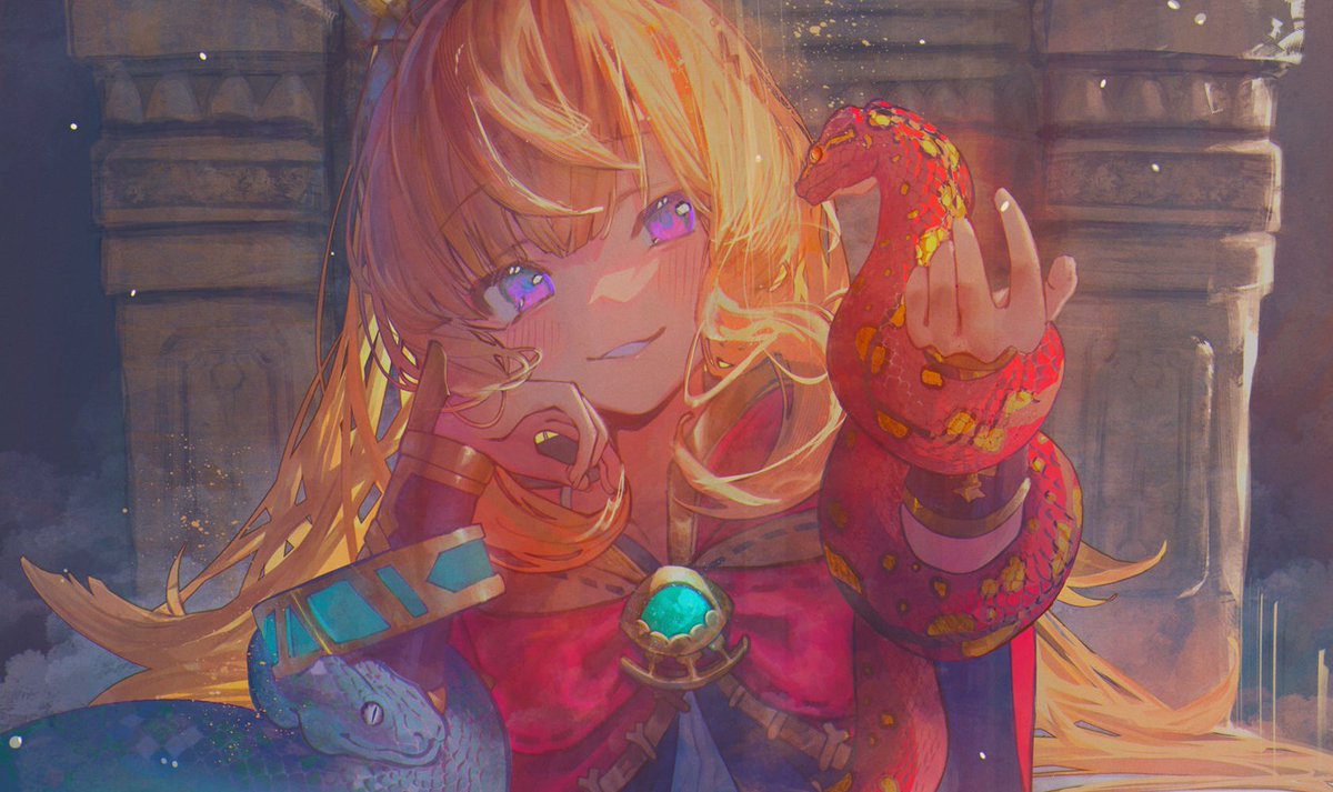 cagliostro (granblue fantasy) 1girl blonde hair long hair purple eyes smile bangs solo  illustration images