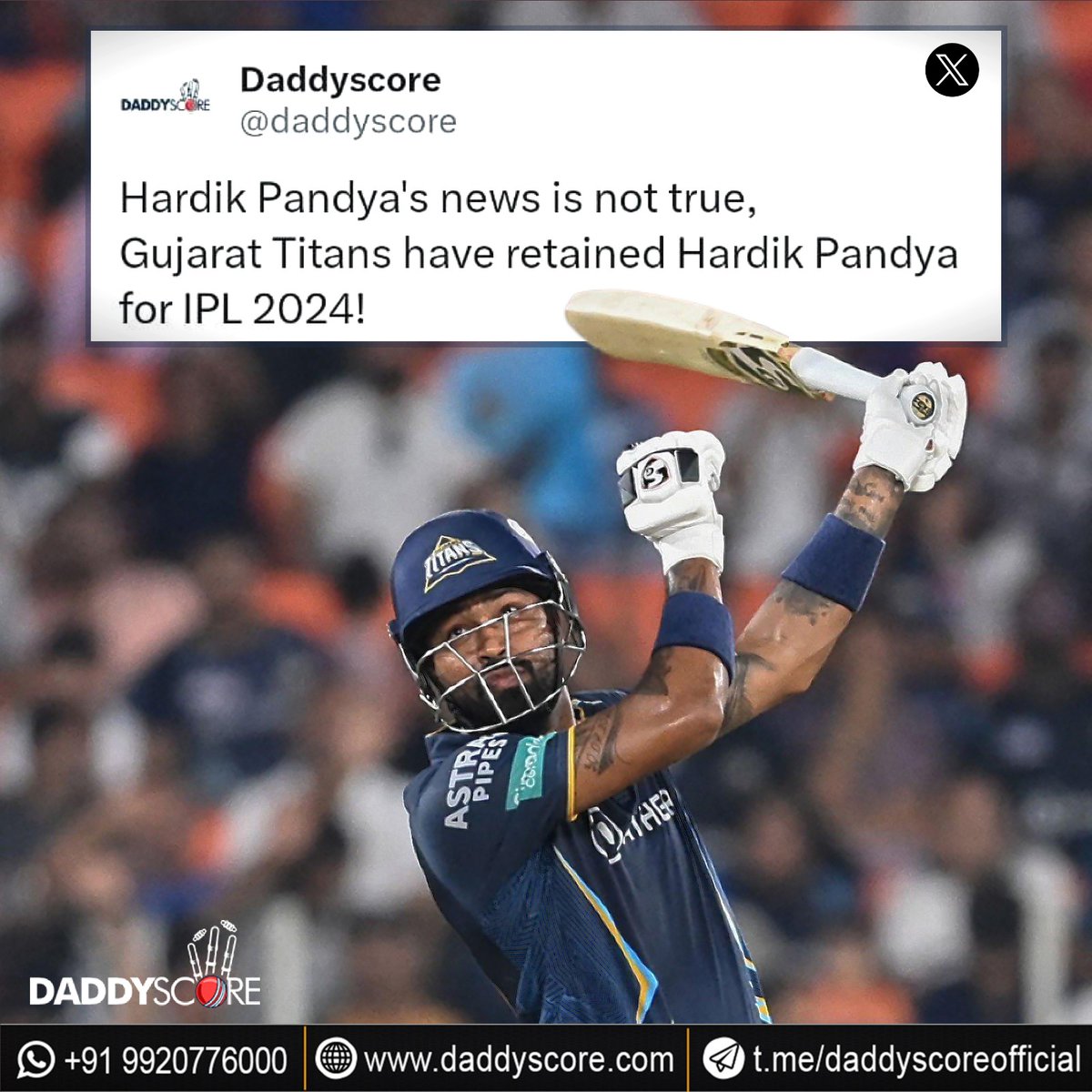 CricXScore's tweet photo. ๐จ Big Breaking ๐จ
HARDIK PANDYA HAS RETAINED BY GUJARAT!
All the news regarding Hardik Pandya is not true!
#HardikPandya #IPLretention #IPLTrade #IPL2024 #GujaratTitans #MumbaiIndians #Daddyscore https://t.co/sLwXZqQWoe