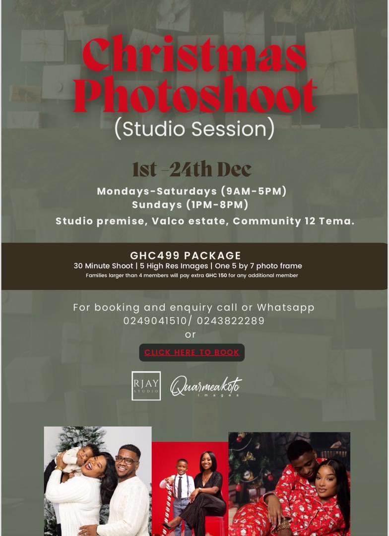 Capture your Christmas in one Frame.! 

Are you in Tema or it’s environs … 

This is a Christmas Photo-shoot opportunity. 

Call or whatsapp 0243822289.