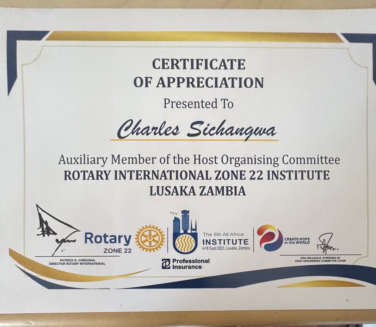 bwikashi's tweet photo. In recognition of a successful Rotary International Zone 22 Institute Lusaka, Zambia. https://t.co/EDVtjet6B9