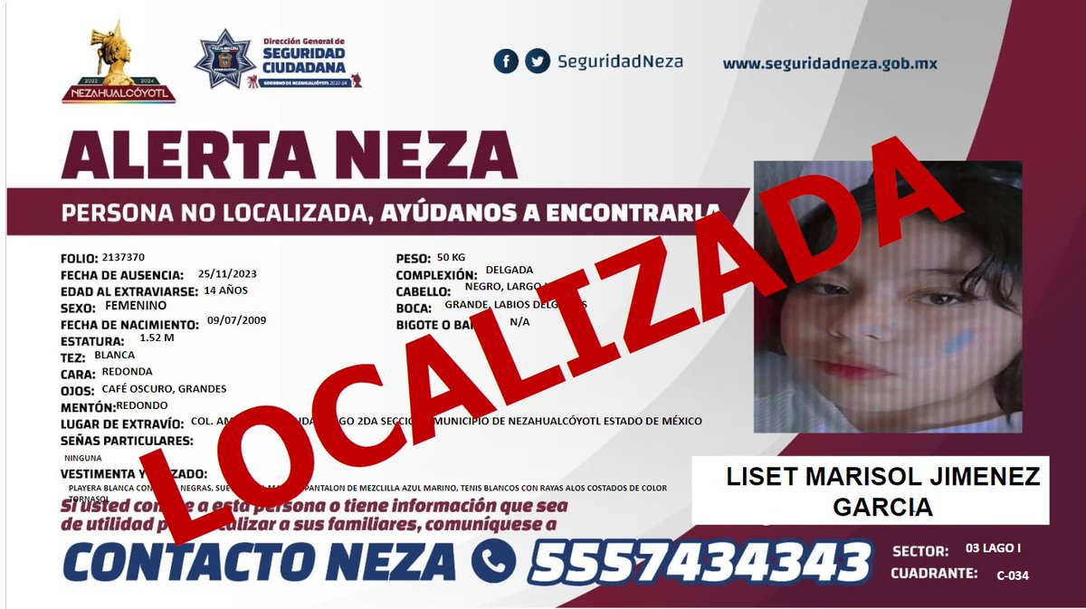 AlertaNeza's tweet photo. #AlertaNeza 🆘 | Agradecemos tu ayuda, #Liset Marisol Jiménez Garcia ya ha sido localizada. https://t.co/jf6993zuEM