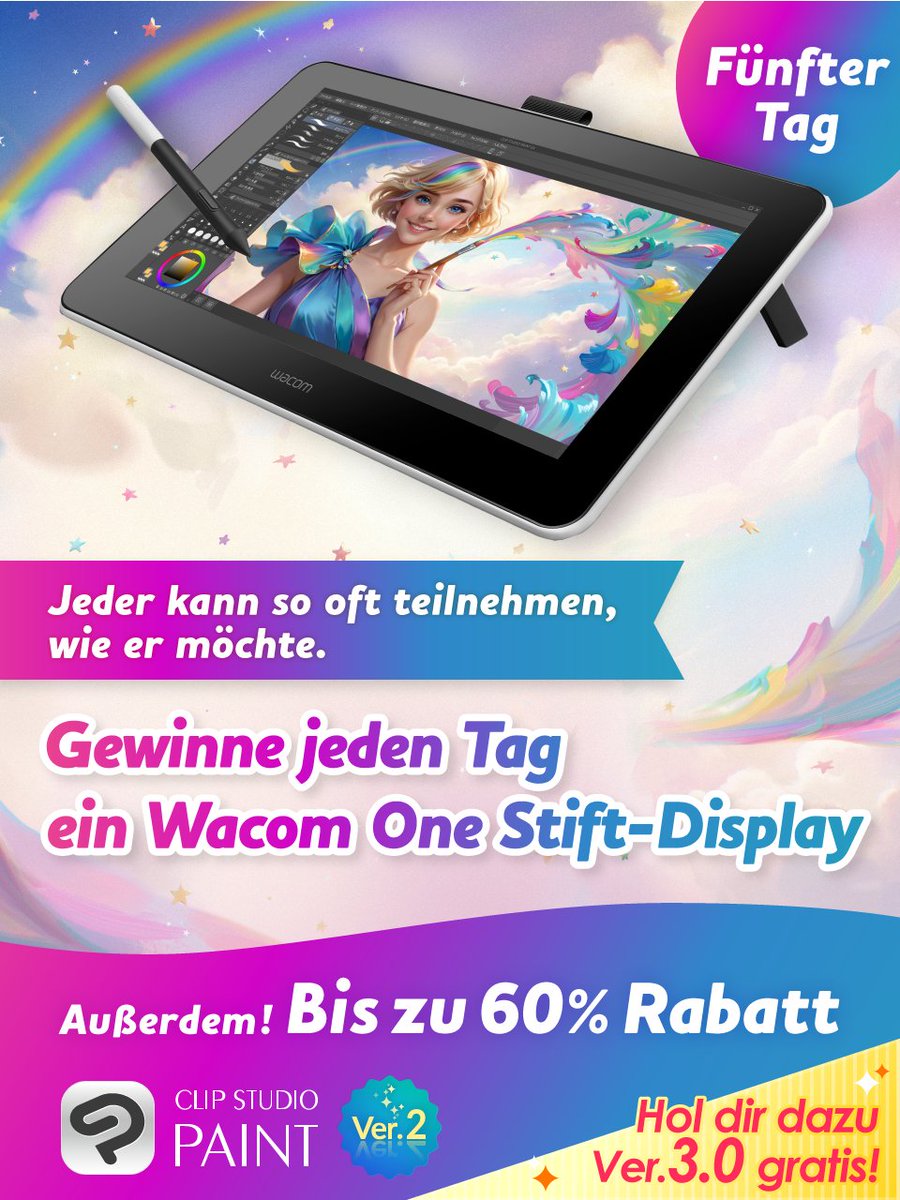 clipstudiopaint's tweet photo. Jeden Tag ein Wacom One gewinnen! Folge und reposte einfach diesen Beitrag. Mehrfachteilnahme möglich. Tag 5! Noch 2 Chancen! Außerdem: Bis 28. November 9:00 Uhr (MEZ) bis zu 60% Rabatt auf CLIP STUDIO PAINT! Infos: https://t.co/P1TZkdF46f https://t.co/KAh6LzoT9B