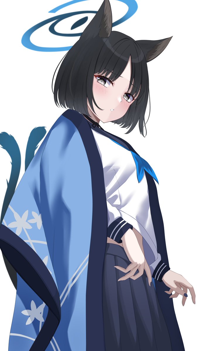 kikyou (blue archive) 1girl solo animal ears black hair halo white background school uniform  illustration images