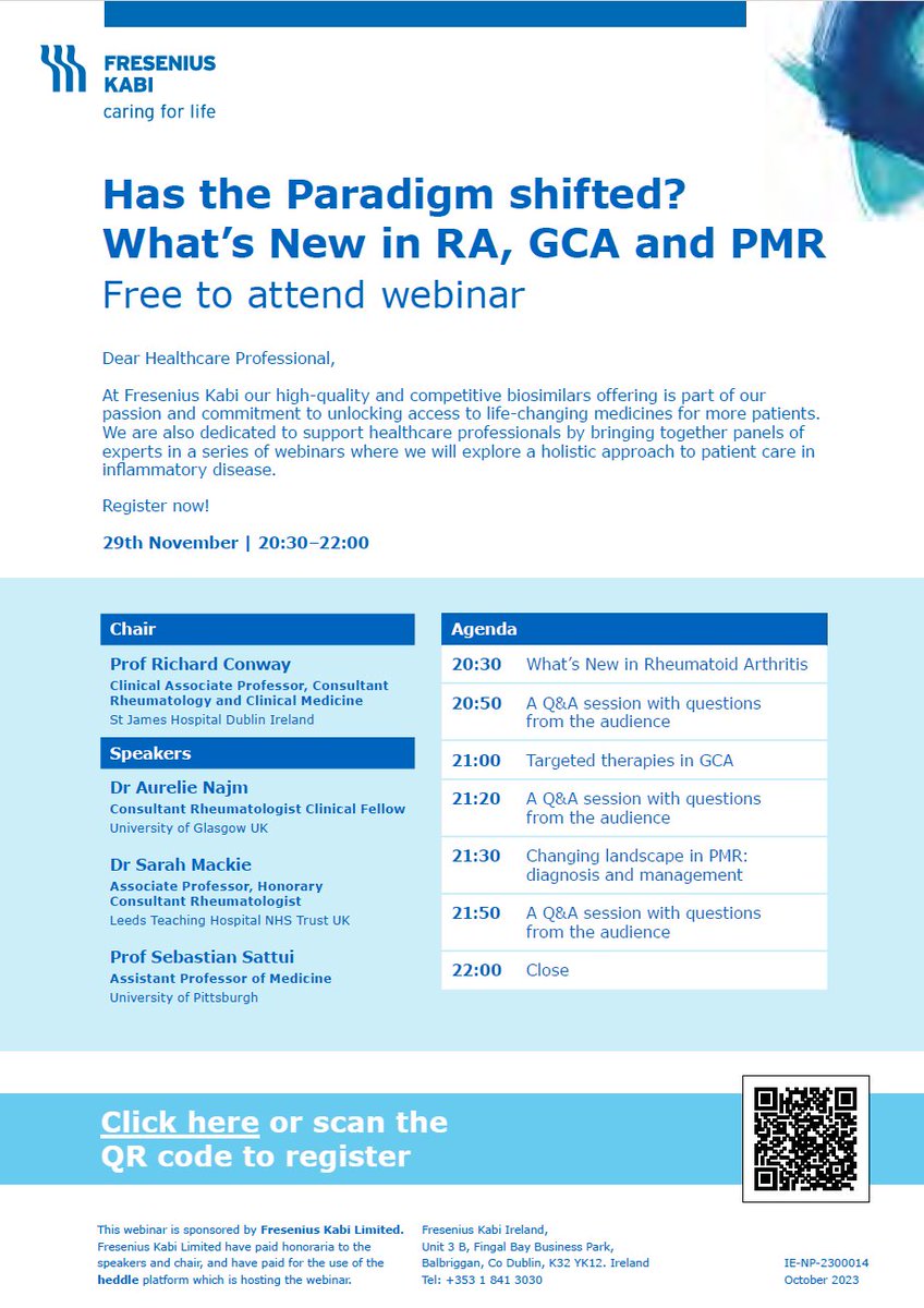 FREE webinar this Wednesday 29th at 20.30 GMT, 21.30 CET, 15.30 EST . Updates in RA, GCA, PMR from the amazing @AurelieRheumo @Sarah_L_Mackie @SattuiSEMD Registration link heddle.tceg.com/freseniuskabi_… Open to all. Come join us!