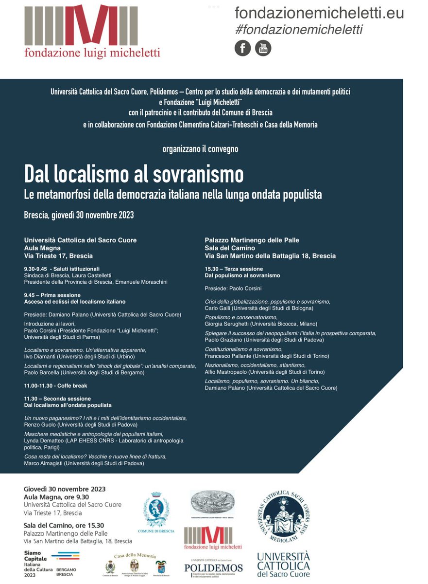 Polidemos (@polidemos_ucsc) on Twitter photo <a href="/GdB_it/">Giornale di Brescia</a> <a href="/marco_almagisti/">Marco Almagisti</a> <a href="/DamianoPalano/">Damiano Palano</a> <a href="/cmuzzi73/">Carlo Muzzi</a> "Dal localismo al sovranismo"
🗓️ 30 novembre 2023
⏰9:30
📍 Via Trieste 17, Brescia
📍 Via San Martino della Battaglia 18, Brescia
unicatt.it/eventi/ateneo/… <a href="/GdB_it/">Giornale di Brescia</a> <a href="/marco_almagisti/">Marco Almagisti</a> <a href="/DamianoPalano/">Damiano Palano</a> <a href="/cmuzzi73/">Carlo Muzzi</a> "Dal localismo al sovranismo"
🗓️ 30 novembre 2023
⏰9:30
📍 Via Trieste 17, Brescia
📍 Via San Martino della Battaglia 18, Brescia
unicatt.it/eventi/ateneo/…
