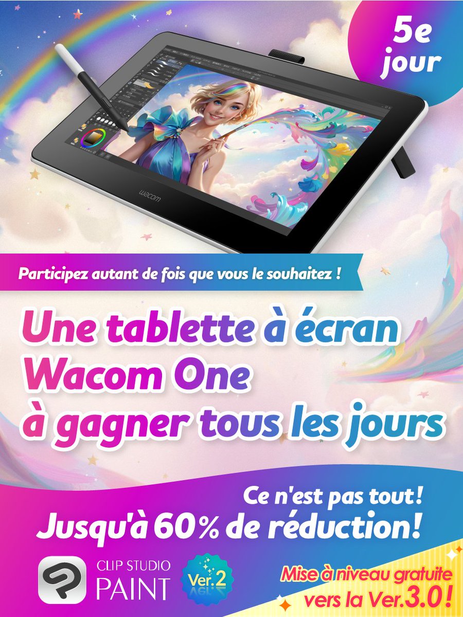 Un Wacom One à gagner chaque jour ! Pour participer, suivez-nous et repostez ce post. Encore 2 chances ! CSP Ver. 5 est en soldes avec jusqu'à -60 % jusqu'au 28 novembre à 8h00 (GMT) ! Plus d'info ici : clipstudio.net/promotion/give…