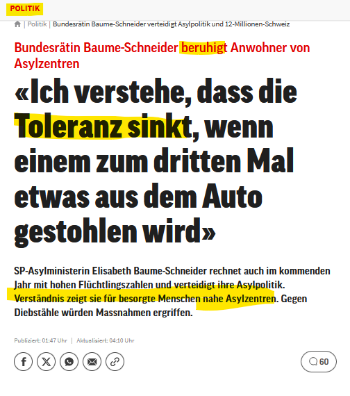 Wright_Sandro's tweet photo. Also, dass ist mal absolute #Endstufe! Man darf jedoch mMn für die #Bevölkerung kein Mitleid haben, sind sie im Grunde für die #Asylpolitik, welche gegen sie betrieben wird, selbst verantwortlich. Während die "Bundesrat-Schauspielerin", also die "immer-lächelnde #Asyl-Oma", Verständnis heuchelt für besorgte Menschen nahe #Asylzentren, bleiben die #Grenzen offen. Und in einer solchen Umgebung wählt dann das gemeine Wahlvolk, genau jene #Politik? Kann man sich eigentl. nicht ausdenken sowas! 🌈🤣