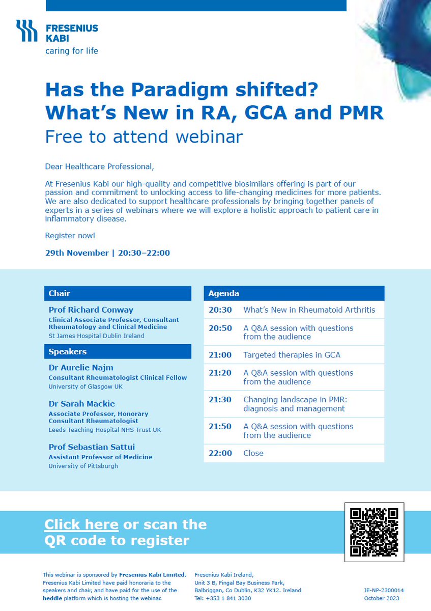 Come join us for a FREE webinar this Wednesday 29th @ 20.30 GMT, 21.30 CET, 15.30 EST Updates on GCA, PMR, RA Best part is you don't have to listen to me, @SattuiSEMD @Sarah_L_Mackie @AurelieRheumo will be sharing their wisdom with us Registration heddle.tceg.com/freseniuskabi_…