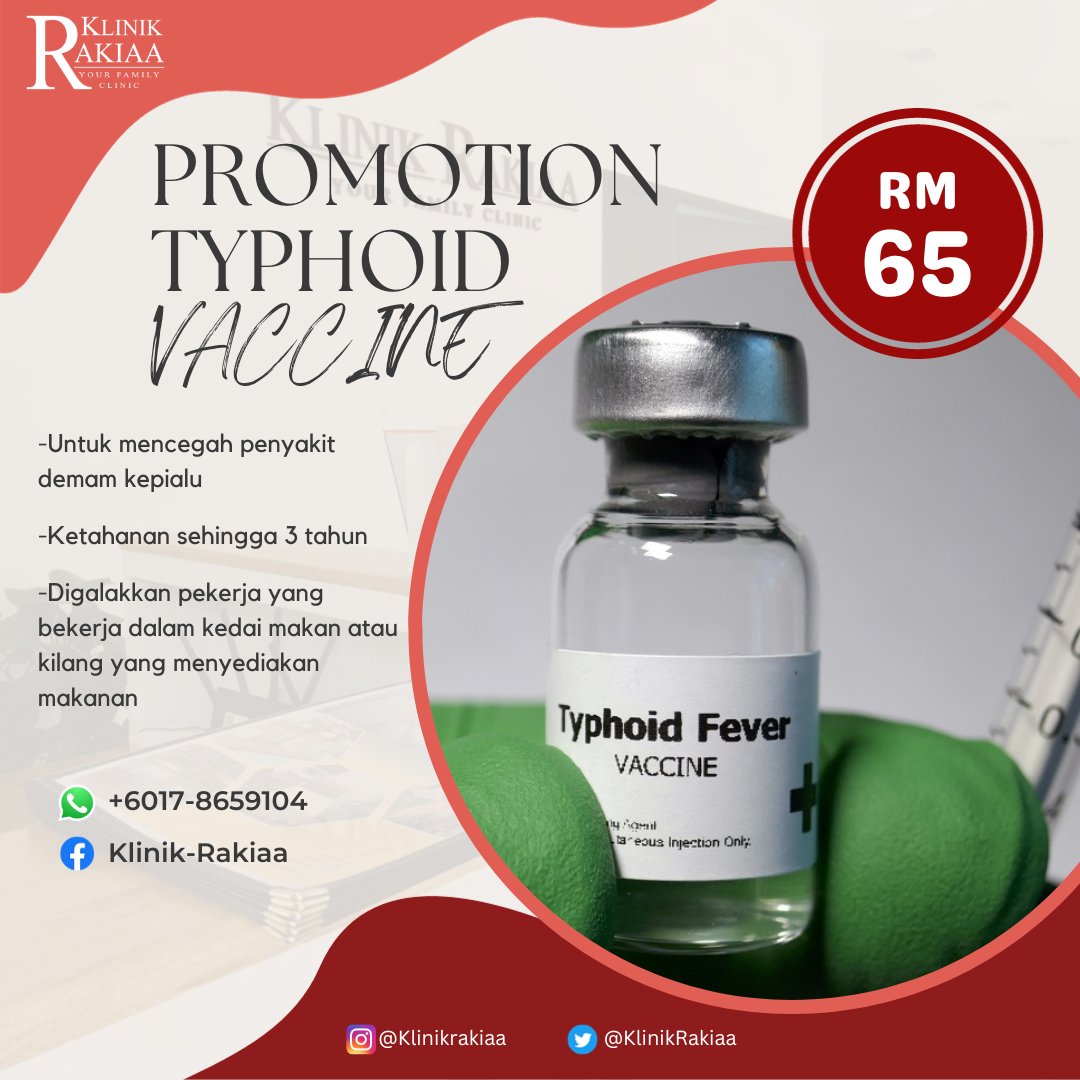 KlinikRakiaa's tweet photo. Selamat pagi semua😊

Klinik Rakiaa ada menyediakan perkhidmatan untuk vaksin Typhoid &amp; vaksin Influenza &amp; Free consultation🤩

PRICE 👇🏻
📌Vaksin Typhoid ( RM 65 )
📌Vaksin Influenza ( RM 80 )

Untuk maklumat lanjut hubungi:
https://t.co/MfZEuvNbFS https://t.co/qhpGRIVWQS
