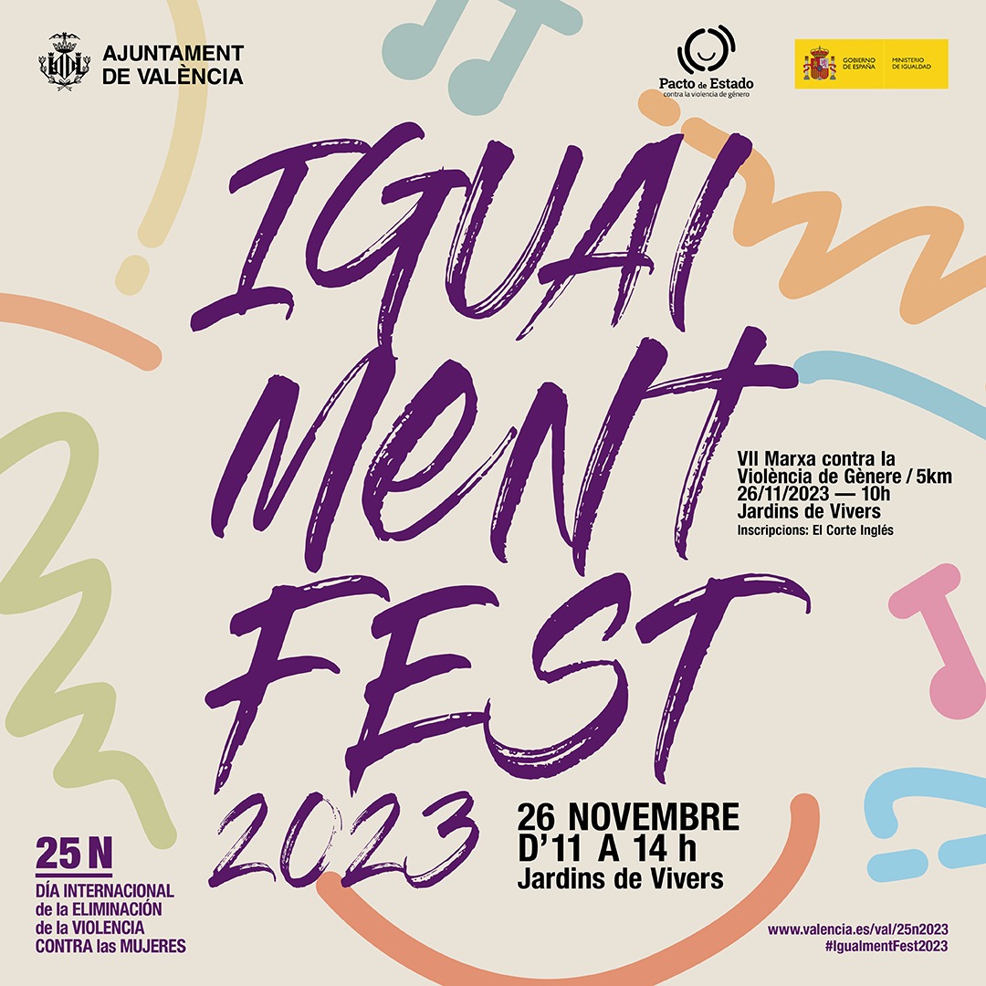AjuntamentVLC's tweet photo. 🟣 Bon dia! Hui tenim l'#IgualmentFest23 als #JardinsdeVivers!
🙋 Una jornada per reivindicar la igualtat de gènere i cridar #NoMésViolència
🎶 Amb Els Barrejats, @aluamusica i @giselaoficial
⏰11-14h🏃♀️ en acabar la marxa solidària a favor d'@alannaasoc
ℹ️ https://t.co/TLJwoxul65 https://t.co/6xBnExNSjz