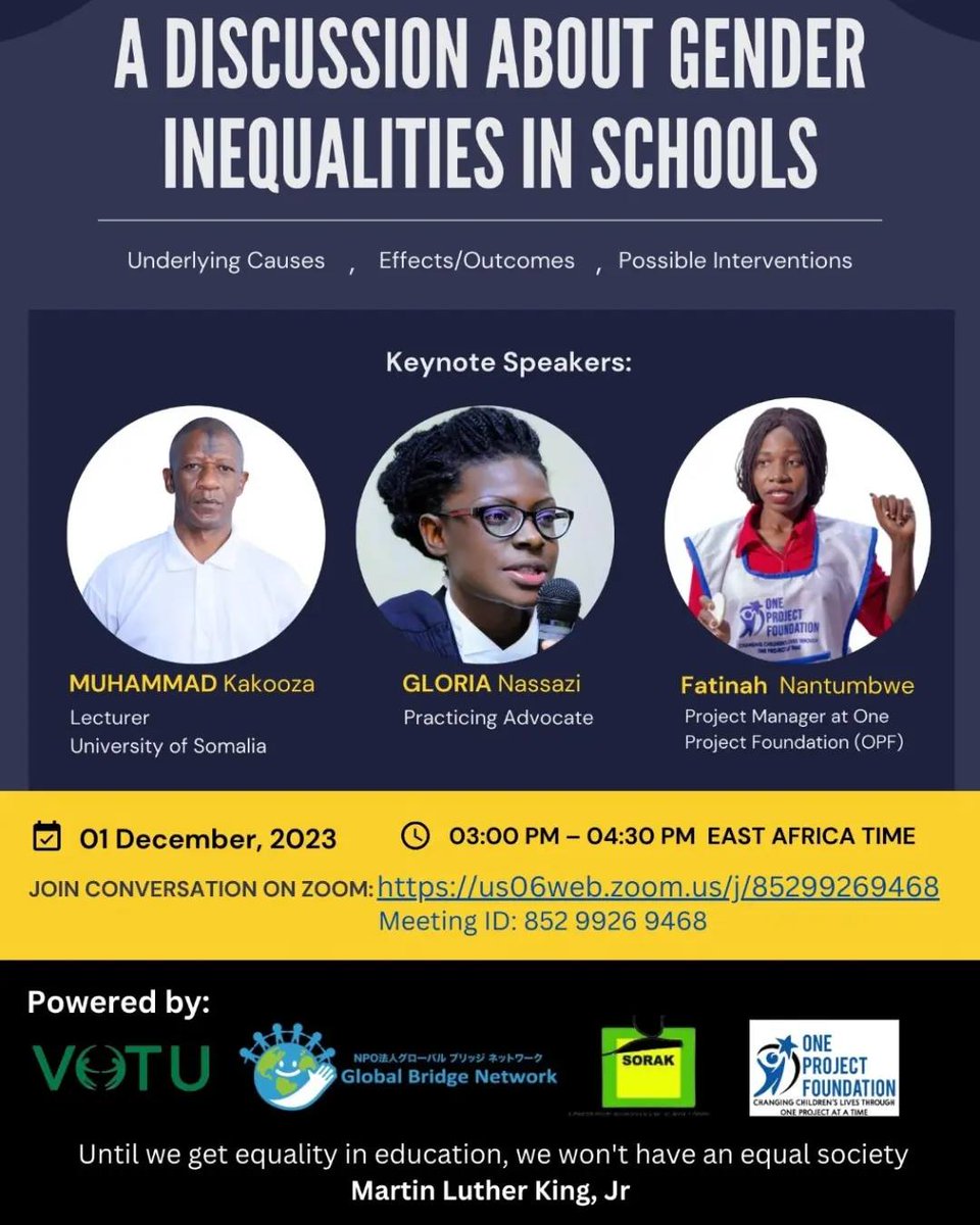 Join us on 1st Dec 2023 at 15:00hrs (EAT) for an interactive discussion about the causes of gender inequalities in schools, effects and possible remedies.