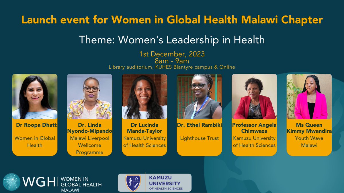 🌟 Excited to announce the lineup of amazing speakers at the Women in Global Health Malawi Chapter launch event! Get ready to be inspired by @RoopaDhatt, @NanelindaNm, @TaylorsTrinket, Prof. Angela Chimwaza, Dr. Ethel Rambiki, and @KimmyMwandira. #GenderEqualHCW #globalhealth