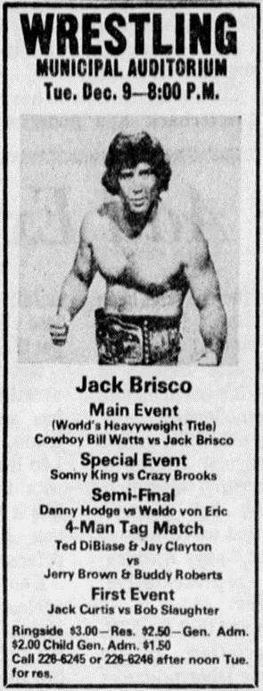 krisswrestling's tweet photo. The travels of the NWA champion in 1975:

12/4 - Kansas City - Jerry Oates (draw)
12/5 - Atlanta - The Spoiler [Don Jardine] (won) [no ad]
12/6 - Wichita - Ted Oates
12/8 - Lake Charles - Bob Sweetan
12/9 - Shreveport - Cowboy Bill Watts (lost - dq) https://t.co/I6igELNDxa