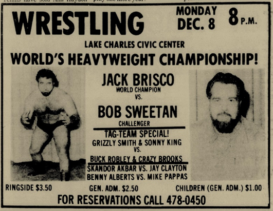 krisswrestling's tweet photo. The travels of the NWA champion in 1975:

12/4 - Kansas City - Jerry Oates (draw)
12/5 - Atlanta - The Spoiler [Don Jardine] (won) [no ad]
12/6 - Wichita - Ted Oates
12/8 - Lake Charles - Bob Sweetan
12/9 - Shreveport - Cowboy Bill Watts (lost - dq) https://t.co/I6igELNDxa