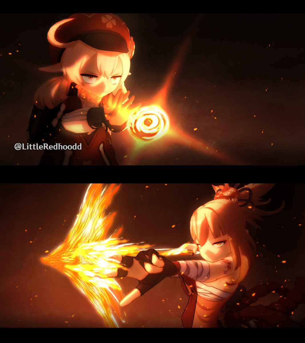 LittleRedhoodd's tweet photo. Arm yourself... 
Let's have a cantest of fire element.

#GenshinImpact #Genshin #Genshin_Impact https://t.co/V9jSN8Yi6q