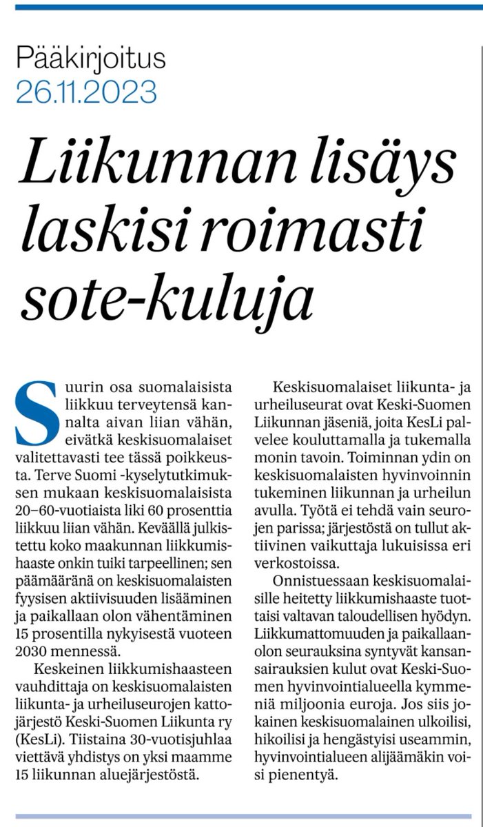 Keskisuomalainen huomioi Keski-Suomen Liikunnan tulevan 30-vuotis syntymäpäivän. Tervetuloa striimin ääreen 28.11.klo 13.00 kesli.fi/kesli/juhlasem…