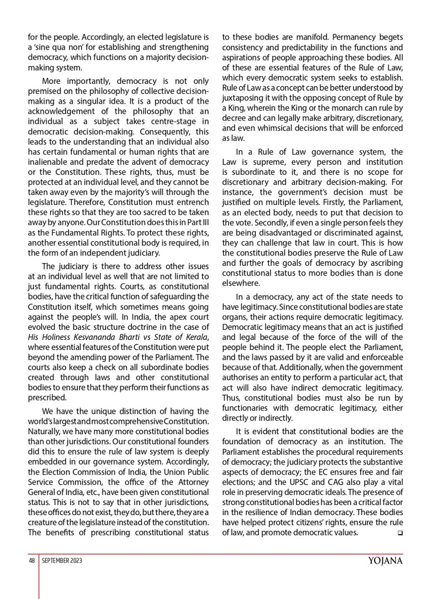📑 Read about the '𝗥𝗼𝗹𝗲 𝗼𝗳 𝗖𝗼𝗻𝘀𝘁𝗶𝘁𝘂𝘁𝗶𝗼𝗻𝗮𝗹 𝗕𝗼𝗱𝗶𝗲𝘀 𝗶𝗻 𝗦𝘁𝗿𝗲𝗻𝗴𝘁𝗵𝗲𝗻𝗶𝗻𝗴 𝗗𝗲𝗺𝗼𝗰𝗿𝗮𝗰𝘆' in the September 2023 issue of Yojana. 🇮🇳
#SamvidhanDiwas
#Yojana