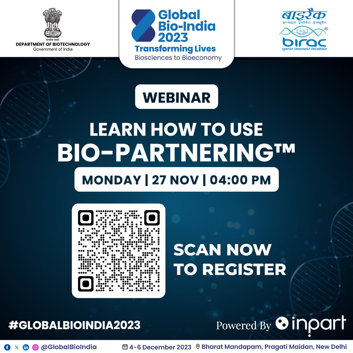 Learn how to use #BioPartnering, the #lifesciences' leading partnering platform for the upcoming #GlobalBioIndia2023 Join the #WEBINAR on 27 Nov, 2023 | 04:00 PM onwards #REGISTERNOW > go.inpart.io/en/one-on-one-…